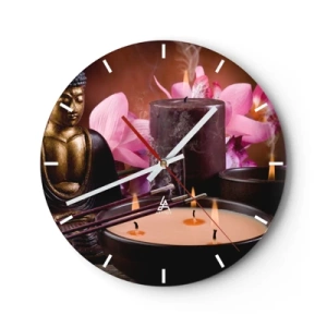 Orologio da parete - Orologio in Vetro - Un set di candele, incenso e una scultura di Buddha con fiori rosa - 30x30cm - Purificare la mente, calmare il corpo - Decorazione murale moderna per soggiorno, cucina e camera da letto ARTTOR