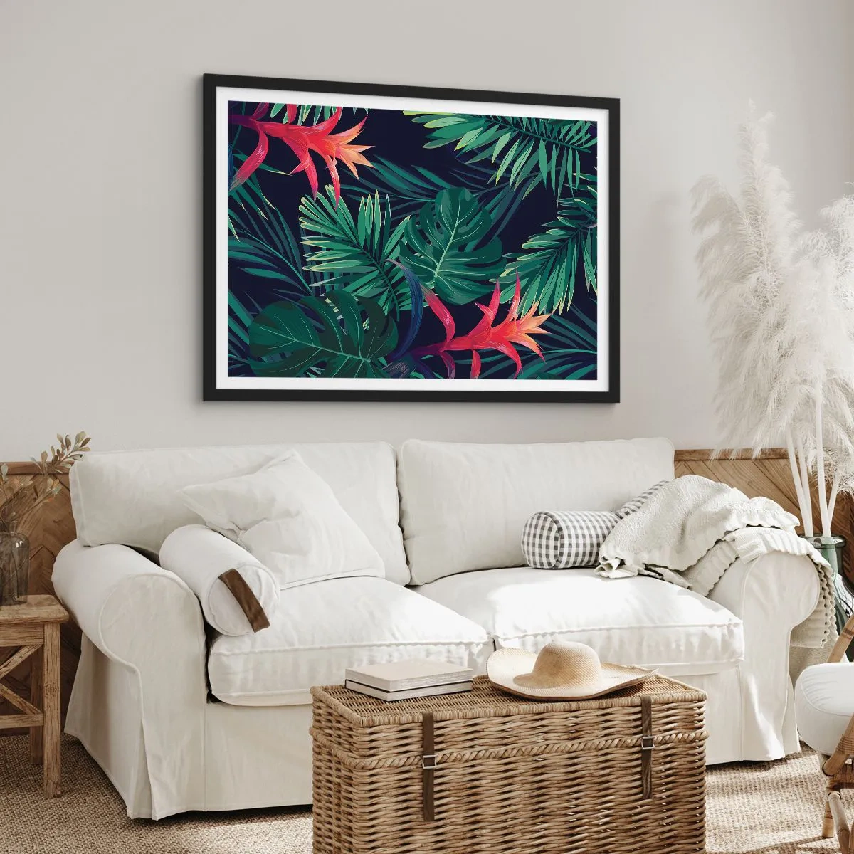 Poster in cornice nera - Foglie e fiori tropicali su sfondo scuro - 70x50cm - Fiammante nel verde - Decorazione murale moderna per soggiorno e camera da letto ARTTOR