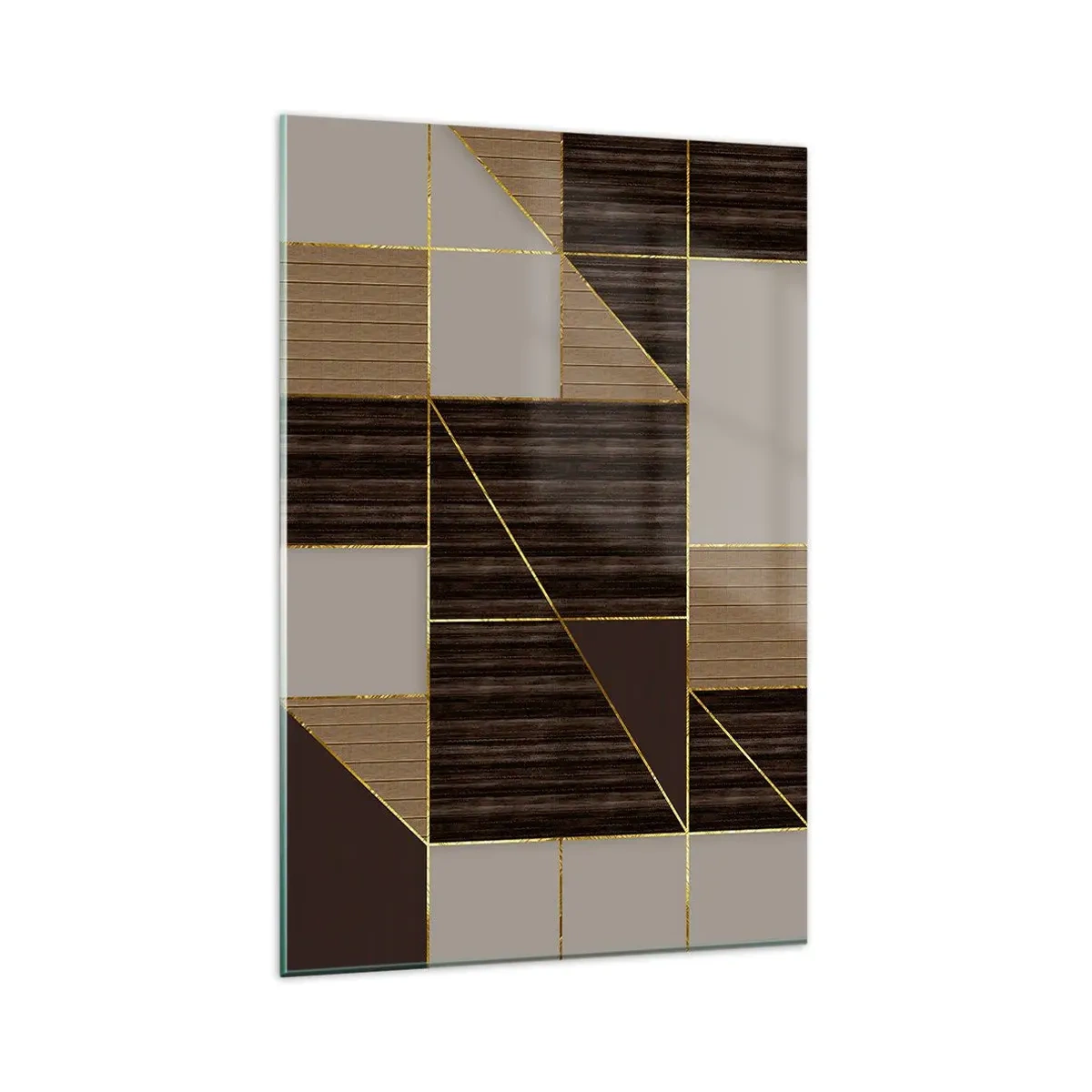 Quadro su vetro - Motivi geometrici nei toni del marrone con linee dorate - 80x120cm - Mosaico di marrone e oro - Decorazione murale moderna per soggiorno e camera da letto ARTTOR