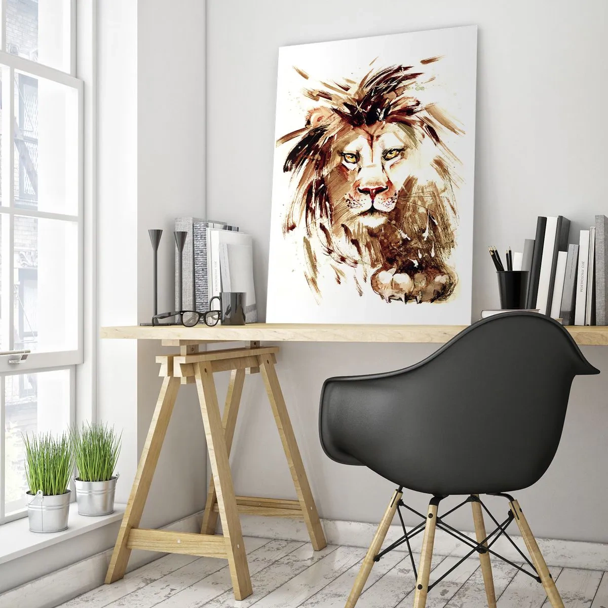 Quadro su vetro - Ritratto ad acquerello di un leone su sfondo bianco - 50x70cm - Forza e dignità - Decorazione murale moderna per soggiorno e camera da letto ARTTOR