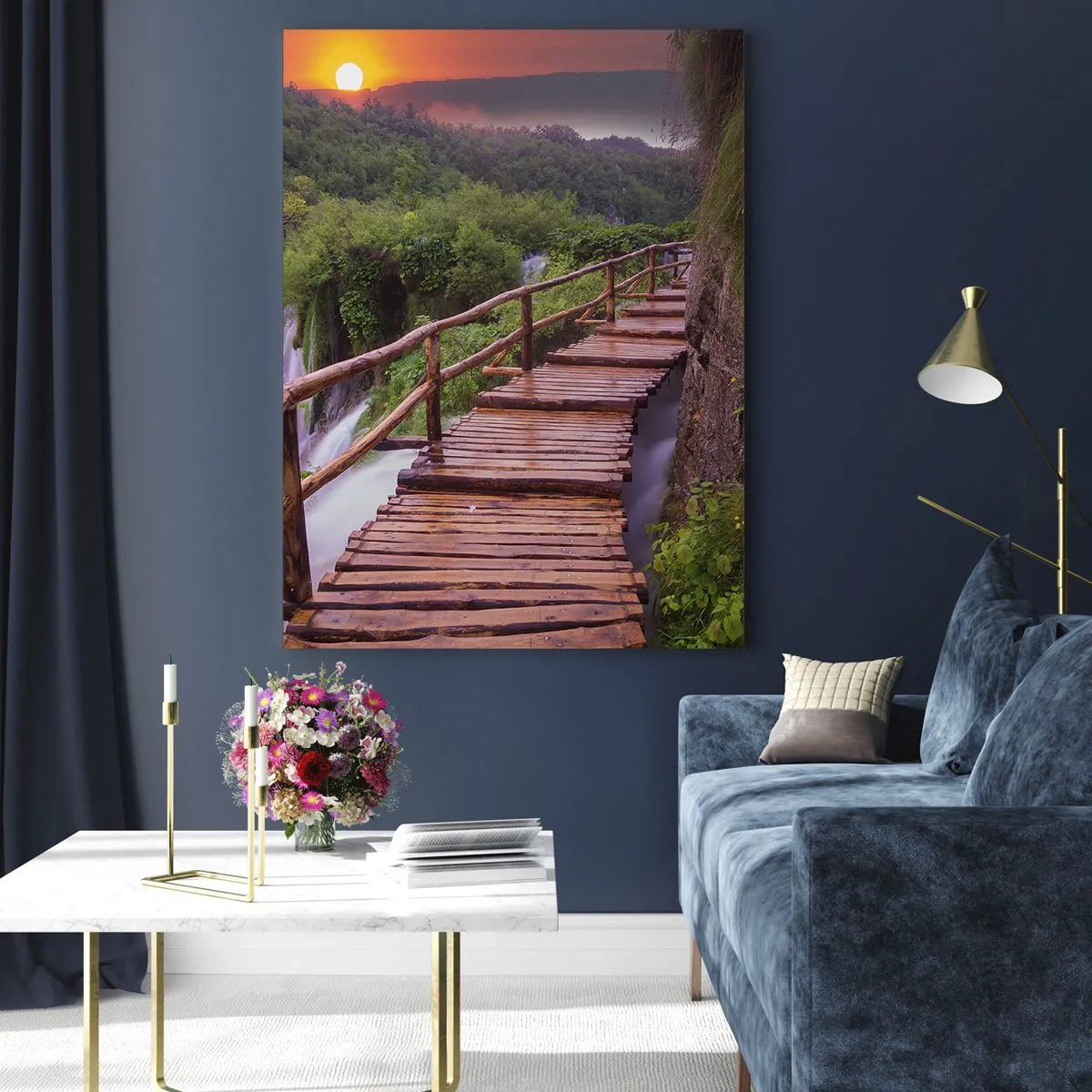 Quadro su vetro - Un ponte che domina le cascate al tramonto - 80x120cm - Una bellezza incredibile - Decorazione murale moderna per soggiorno e camera da letto ARTTOR