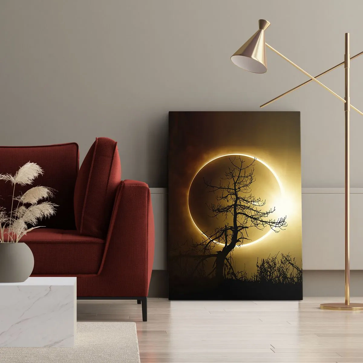 Quadro su tela - Stampe su Tela - Eclissi solare con la sagoma di un albero in primo piano - 80x120cm - Eclissi totale - Decorazione murale moderna per soggiorno e camera da letto ARTTOR