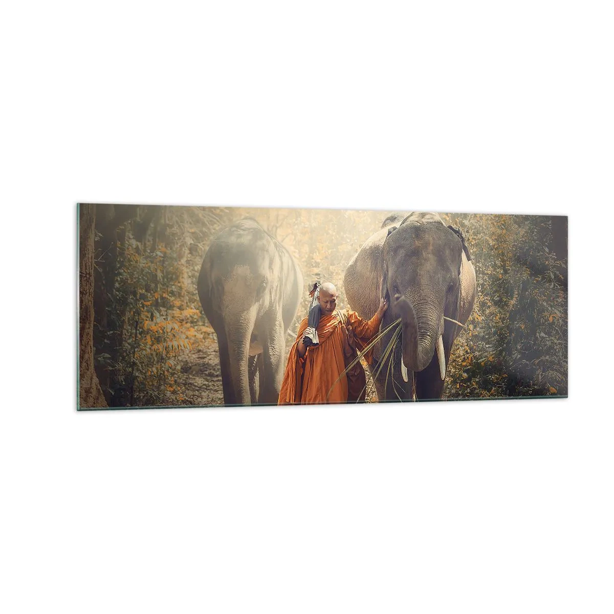 Quadro su vetro - Un monaco con una tunica arancione guida un elefante nella foresta. - 140x50cm - Comprensione perfetta - Decorazione murale moderna per soggiorno e camera da letto ARTTOR