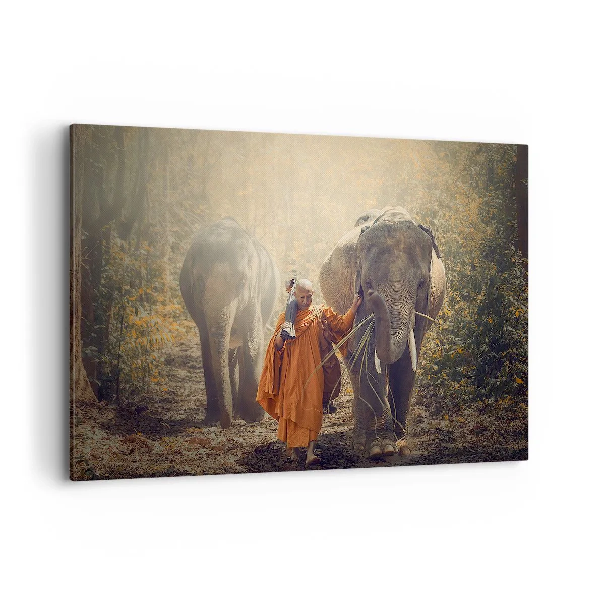 Quadro su tela - Stampe su Tela - Un monaco con una tunica arancione guida un elefante nella foresta. - 120x80cm - Comprensione perfetta - Decorazione murale moderna per soggiorno e camera da letto ARTTOR