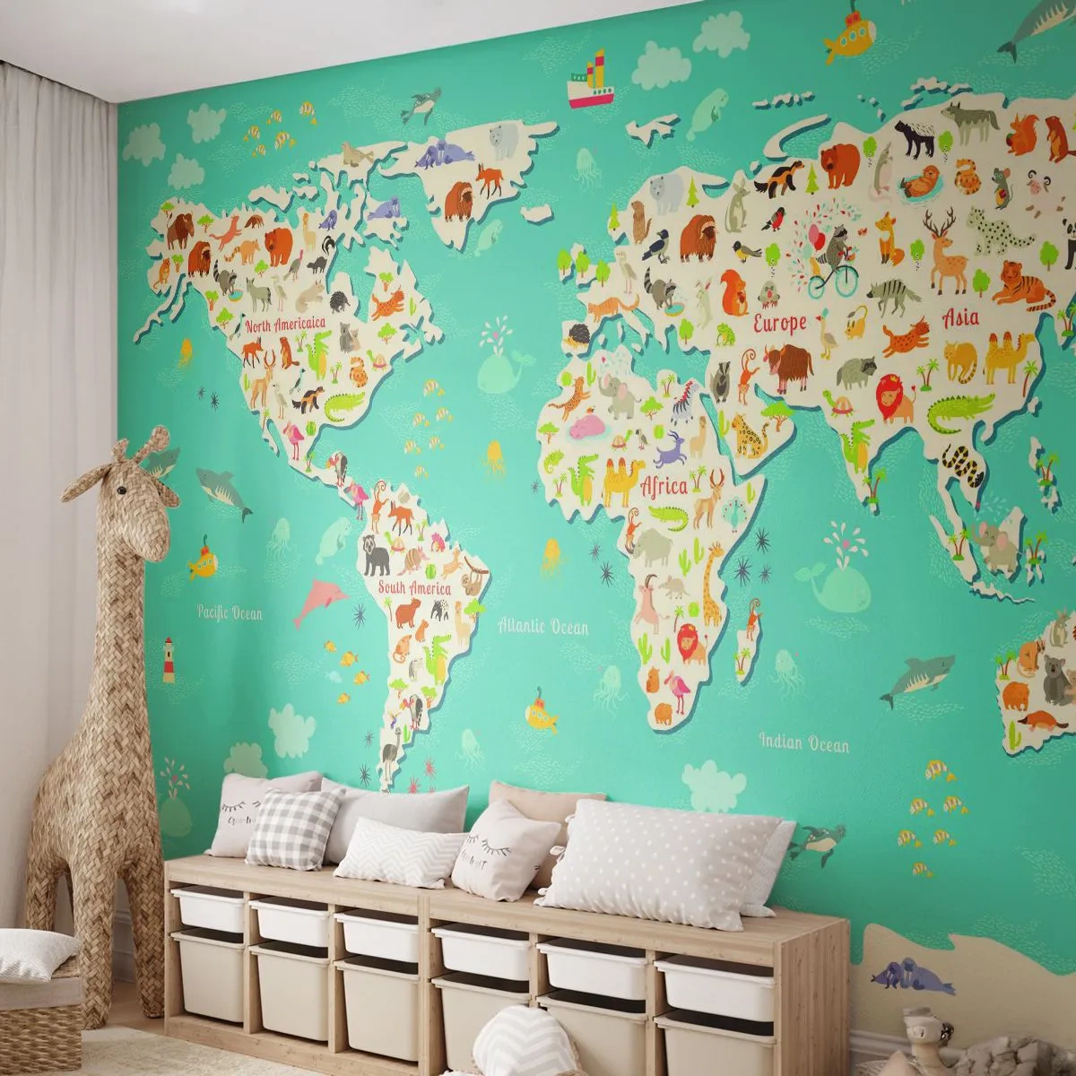 Fotomurali Premium Sand - Amiamo tutto il mondo - Mappa del mondo, Animali, Per bambini - 200x140 cm