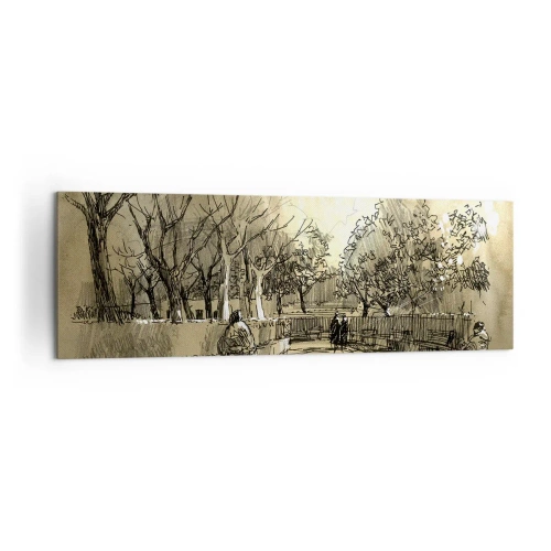 Quadro su tela - Stampe su Tela - Una scena di cartone animato di un parco con persone che camminano in toni caldi. - 160x50cm - Attimo fermato con la penna - Decorazione murale moderna per soggiorno e camera da letto ARTTOR