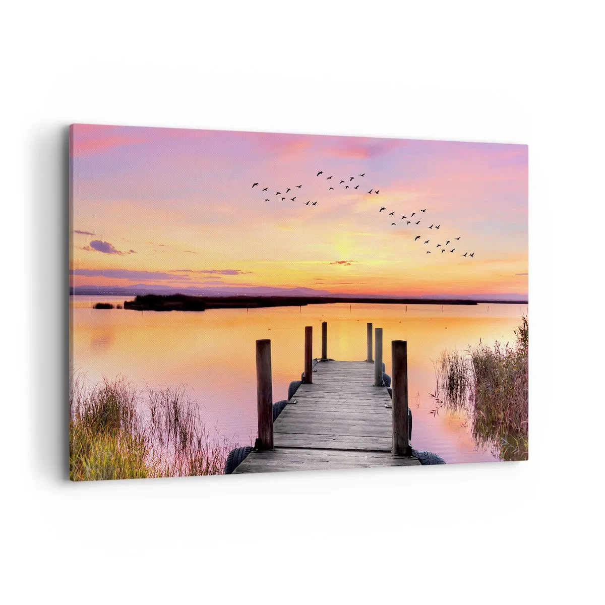 Quadro su tela - Stampe su Tela - Un molo su un lago al tramonto con uccelli nel cielo - 100x70cm - Alba viola e silenziosa - Decorazione murale moderna per soggiorno e camera da letto ARTTOR