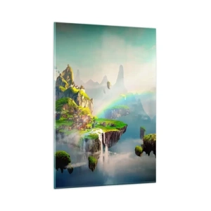 Quadro su vetro - Isole volanti tra le nuvole con un arcobaleno all'orizzonte - 80x120cm - In mezzo al cielo: isole fortunate - Decorazione murale moderna per soggiorno e camera da letto ARTTOR