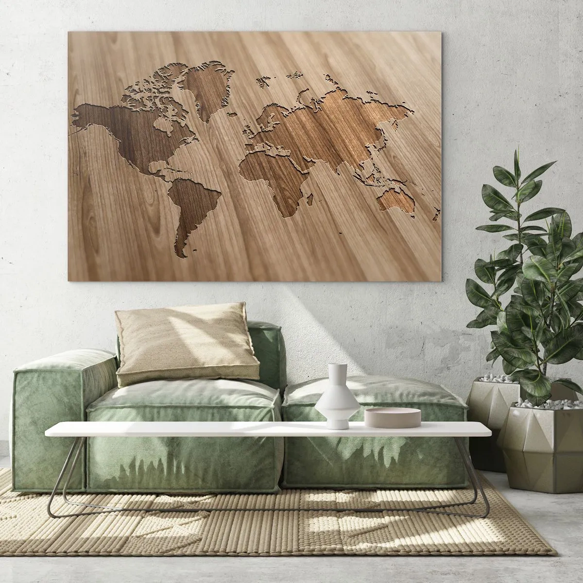 Quadro su vetro - Una mappa del mondo incisa su una superficie di legno - 100x70cm - Il mondo servito a tavola - Decorazione murale moderna per soggiorno e camera da letto ARTTOR