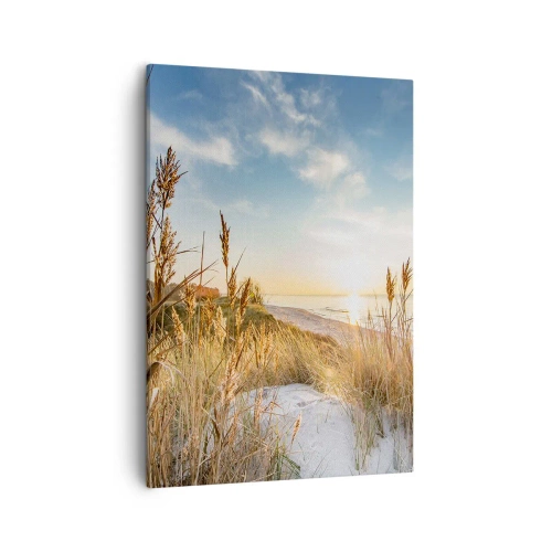 Quadro su tela - Stampe su Tela - Una spiaggia pittoresca con erba e il sole al tramonto - 50x70cm - Spiaggia del nord - Decorazione murale moderna per soggiorno e camera da letto ARTTOR