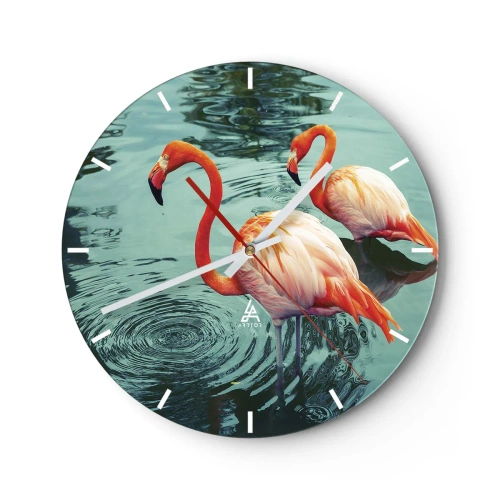 Orologio da parete - Orologio in Vetro - Due fenicotteri sull'acqua con il loro riflesso nella superficie calma - 30x30cm - Adesso siamo di moda - Decorazione murale moderna per soggiorno, cucina e camera da letto ARTTOR
