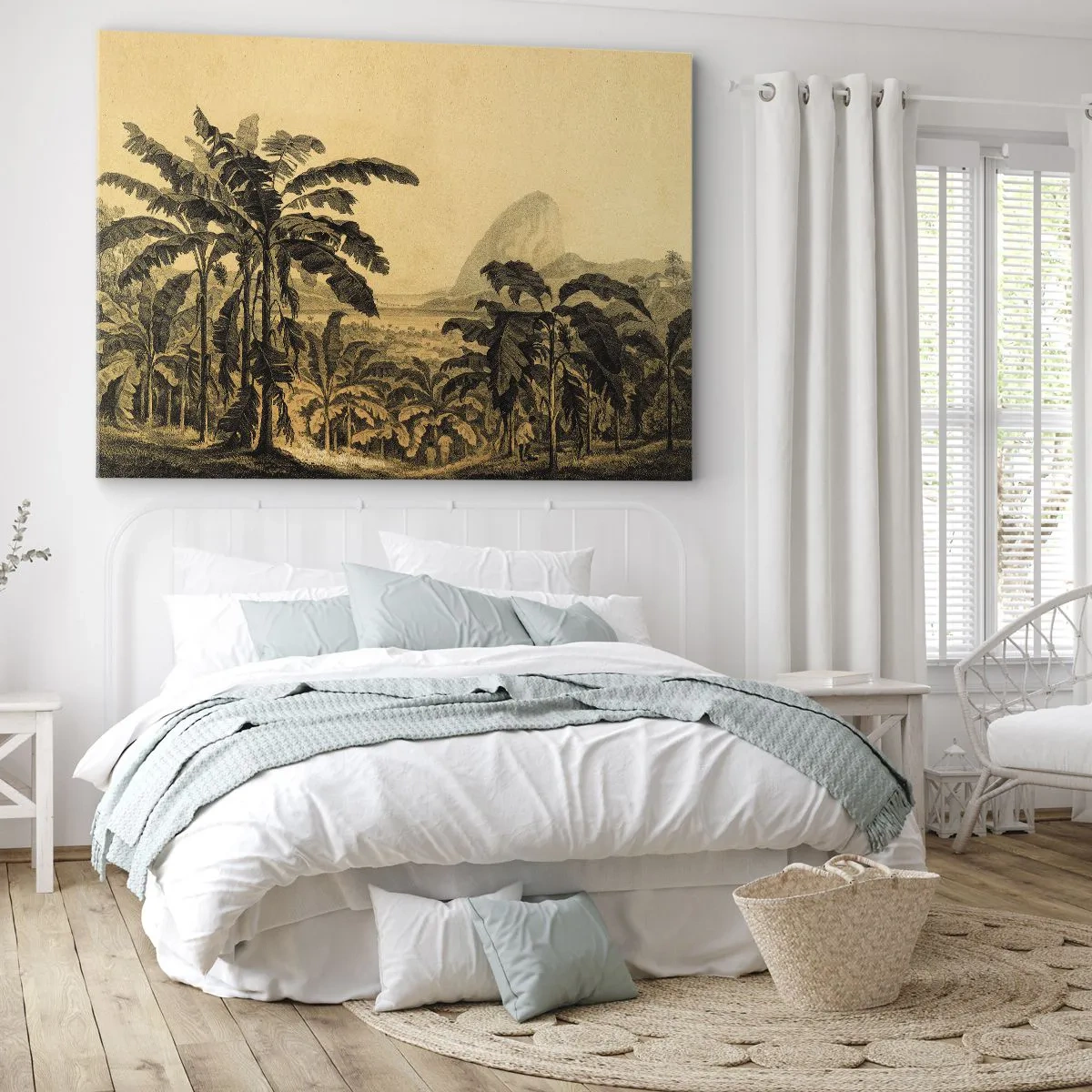 Quadro su tela - Stampe su Tela - Disegno di alberi di banana su uno sfondo di paesaggio tropicale - 120x80cm - Nel clima coloniale - Decorazione murale moderna per soggiorno e camera da letto ARTTOR