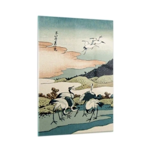 Quadro su vetro - Dipinto di uccelli in un paesaggio giapponese con vista sul Monte Fuji. - 50x70cm - Nello spirito giapponese - Decorazione murale moderna per soggiorno e camera da letto ARTTOR