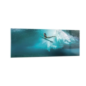 Quadro su vetro - Surfista sotto un'onda nell'acqua blu dell'oceano - 140x50cm - Mondo subacqueo - Decorazione murale moderna per soggiorno e camera da letto ARTTOR