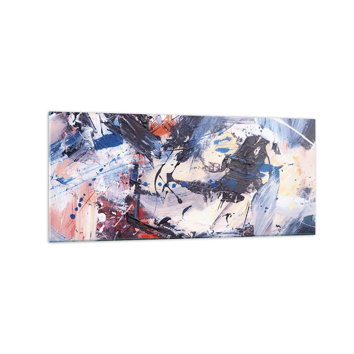 Quadro su vetro - Astrazione con pennellate dinamiche in blu e rosso. - 120x50cm - La danza folle dell'astrazione - Decorazione murale moderna per soggiorno e camera da letto ARTTOR