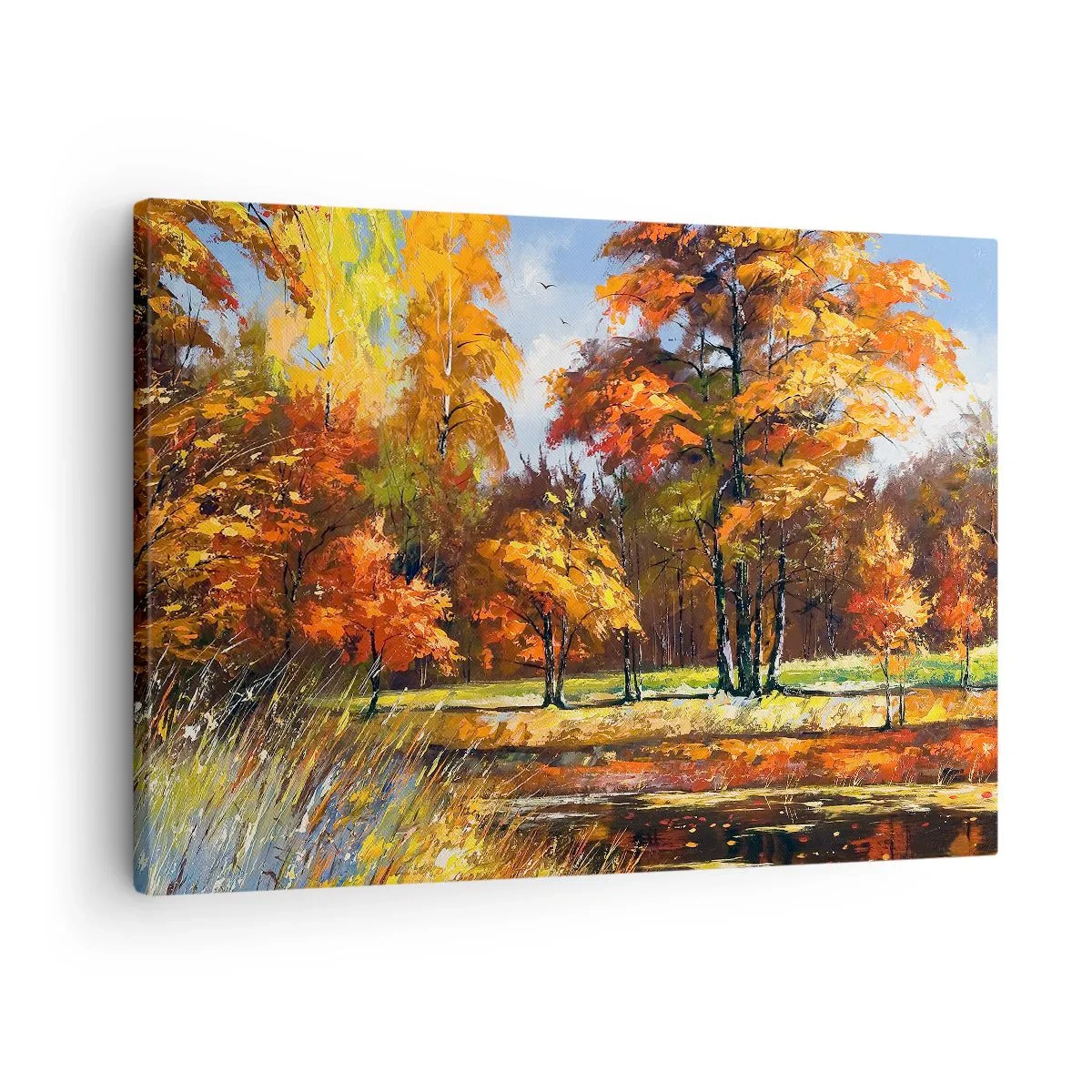 Quadro su tela - Stampe su Tela - Paesaggio autunnale con alberi colorati e uno stagno - 70x50cm - Paesaggio in oro e marrone - Decorazione murale moderna per soggiorno e camera da letto ARTTOR