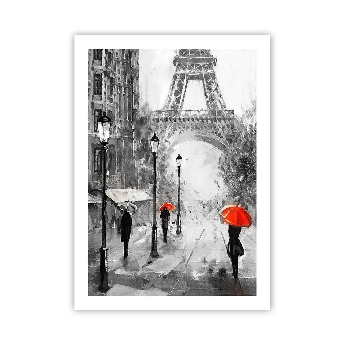 Poster - Torre Eiffel bianca e nera con ombrelli rossi sotto la pioggia - 50x70cm - Tutte le strade portano da lei - Decorazione murale moderna per soggiorno e camera da letto ARTTOR