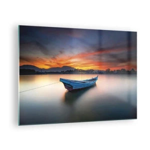 Quadro su vetro - Barca di legno sul lago al tramonto - 70x50cm - Viene una notte buona - Decorazione murale moderna per soggiorno e camera da letto ARTTOR
