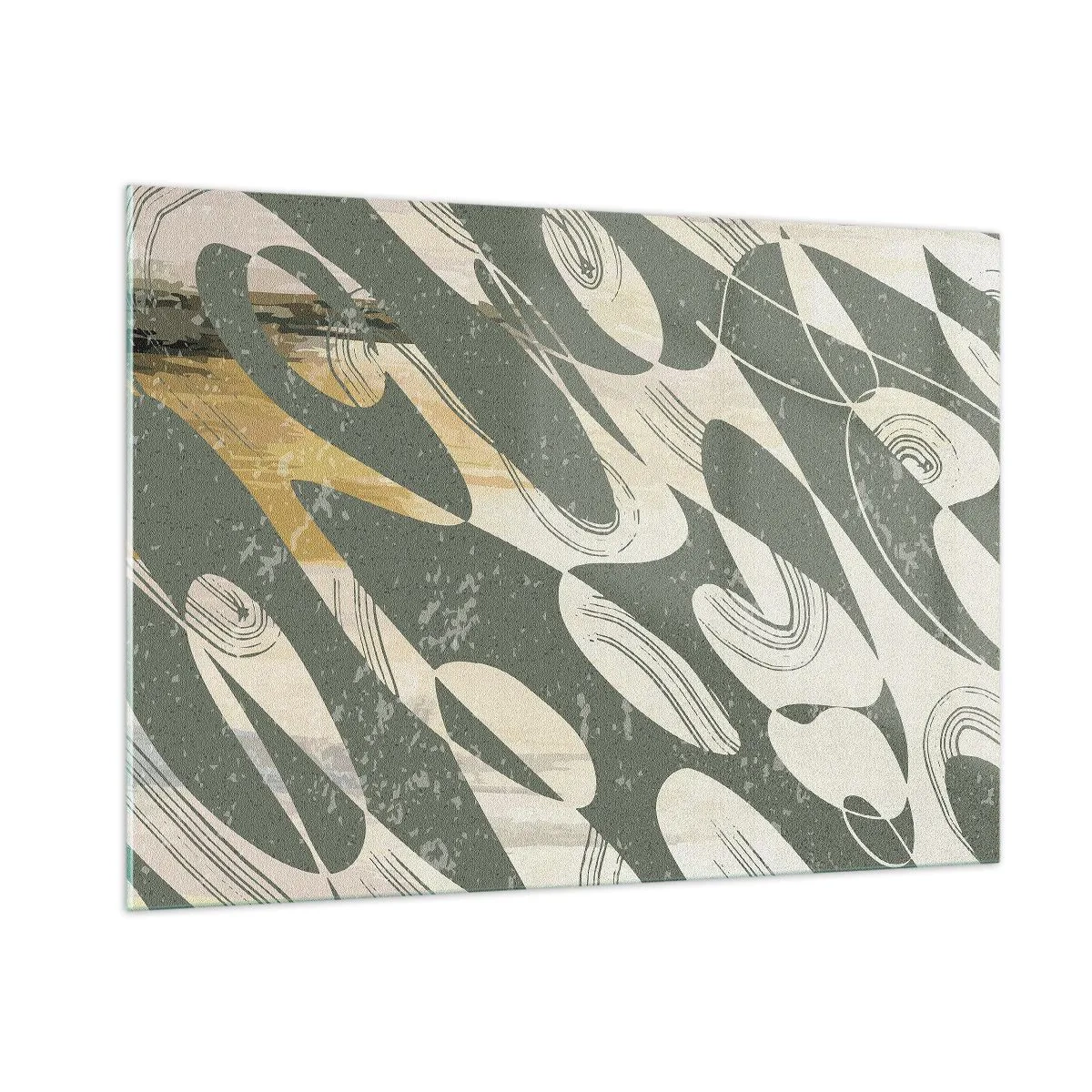 Quadro su vetro - Una composizione verde e beige con forme organiche dinamiche - 100x70cm - Astrazione ritmica - Decorazione murale moderna per soggiorno e camera da letto ARTTOR