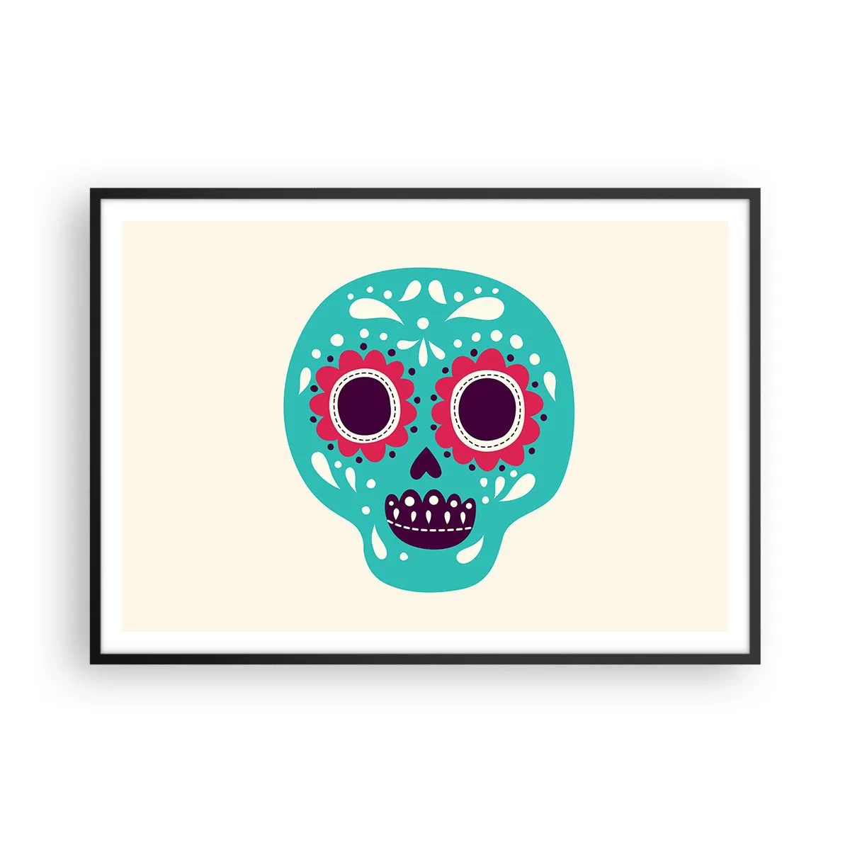 Poster in cornice nera - Un teschio di zucchero turchese e viola ispirato alla cultura messicana - 100x70cm - Vita: un gioco fino alla morte - Decorazione murale moderna per soggiorno e camera da letto ARTTOR