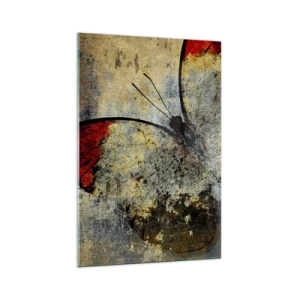 Quadro su vetro - Una farfalla nei toni del rosso e del grigio su uno sfondo strutturato - 70x100cm - Guarda prima che scompaia - Decorazione murale moderna per soggiorno e camera da letto ARTTOR