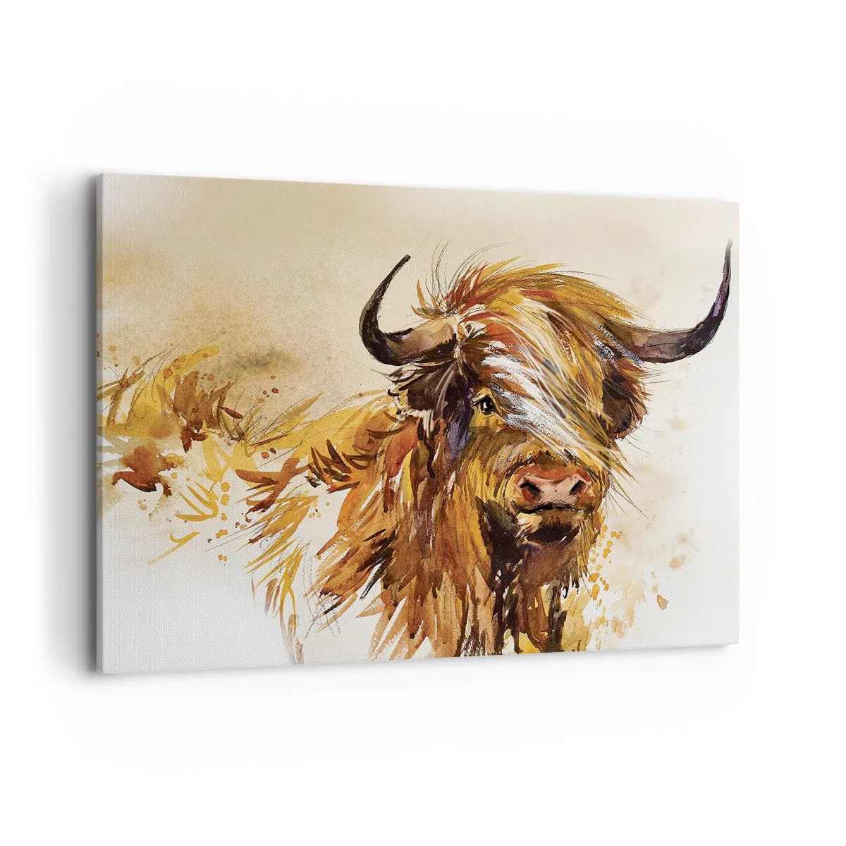 Quadro su tela - Stampe su Tela - Ritratto di un toro in stile acquerello artistico - 100x70cm - L'orgoglio del cacciatore - Decorazione murale moderna per soggiorno e camera da letto ARTTOR