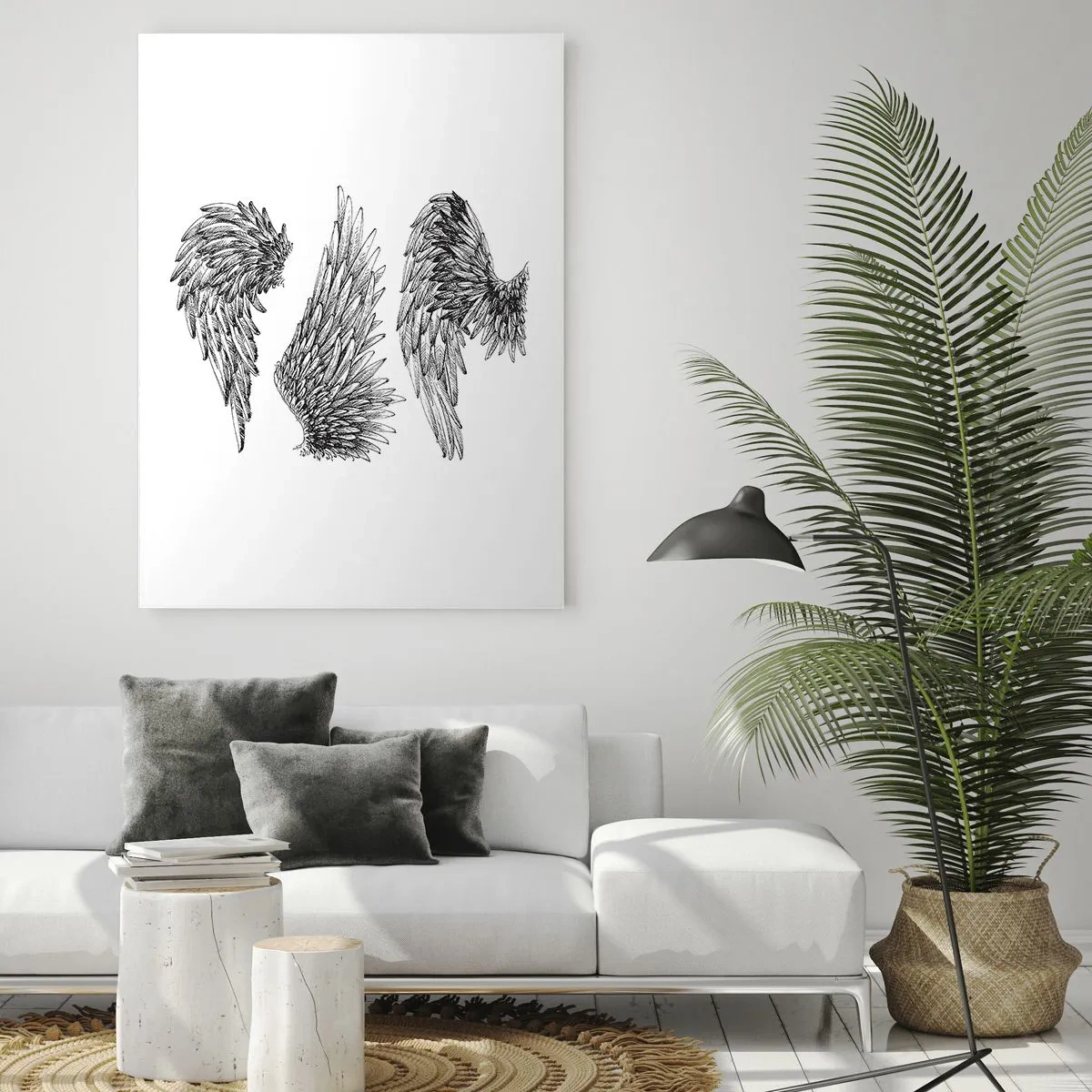 Quadro su vetro - Ali d'angelo in grafica artistica in bianco e nero - 50x70cm - Anche tu puoi essere un angelo - Decorazione murale moderna per soggiorno e camera da letto ARTTOR