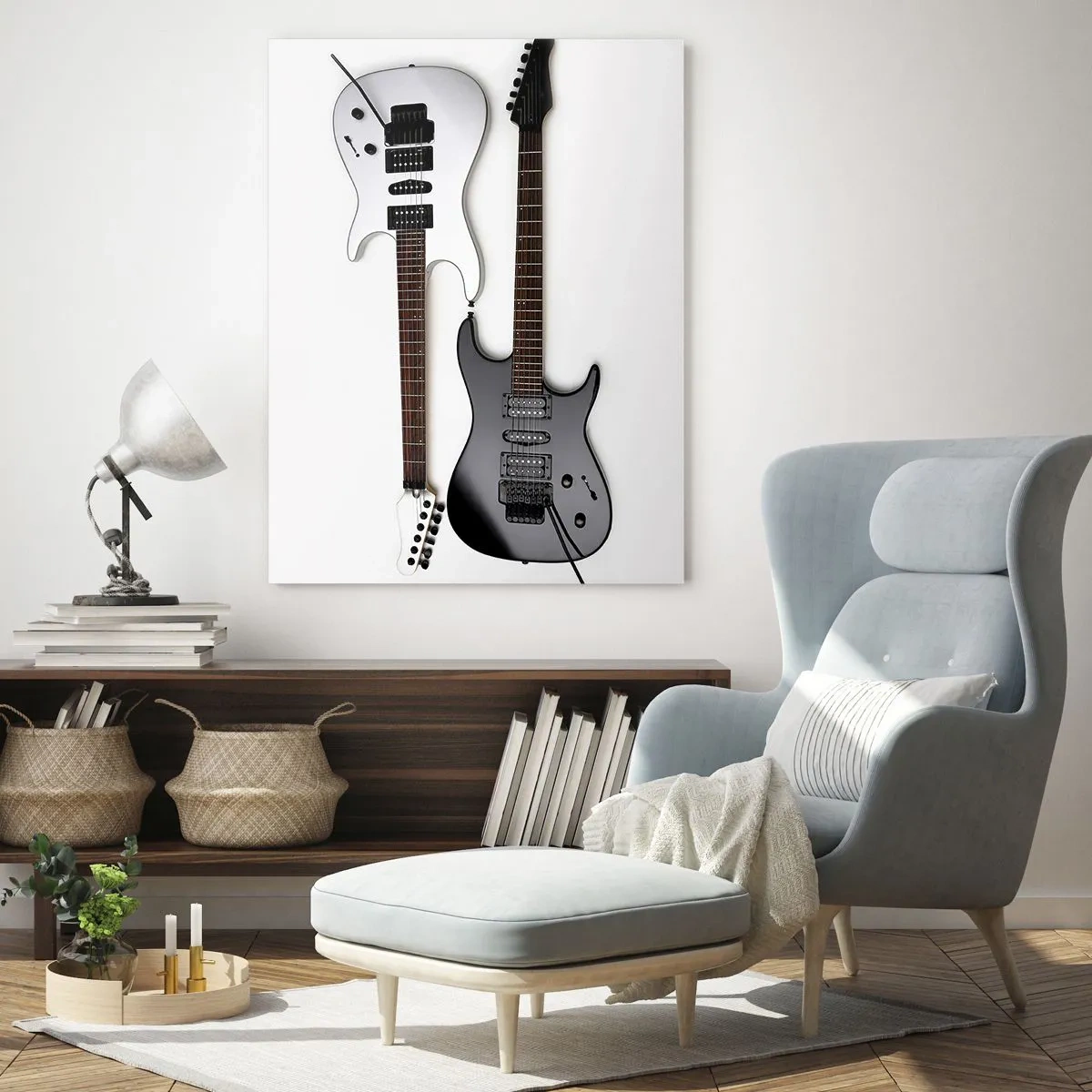 Quadro su vetro - Chitarre elettriche in bianco e nero su sfondo bianco - 50x70cm - Armonia delle forme - Decorazione murale moderna per soggiorno e camera da letto ARTTOR