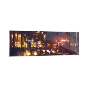 Quadro su vetro - Scena notturna della città con luci colorate e riflessi di strada - 160x50cm - Immersa nelle luci della notte - Decorazione murale moderna per soggiorno e camera da letto ARTTOR