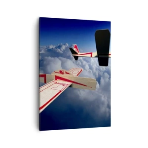 Quadro su tela - Stampe su Tela - Due aeroplani di legno che sorvolano le nuvole contro un cielo azzurro. - 50x70cm - Più in alto, più lontano - Decorazione murale moderna per soggiorno e camera da letto ARTTOR