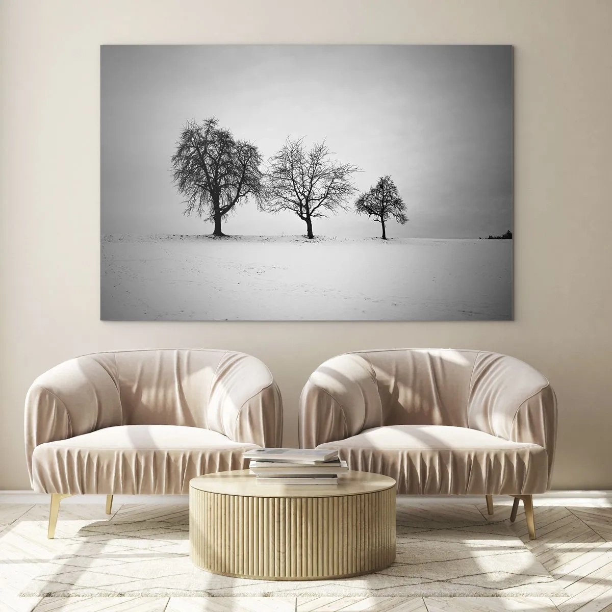 Quadro su vetro - Tre alberi solitari in una zona innevata - 70x50cm - Cosa sognano? - Decorazione murale moderna per soggiorno e camera da letto ARTTOR