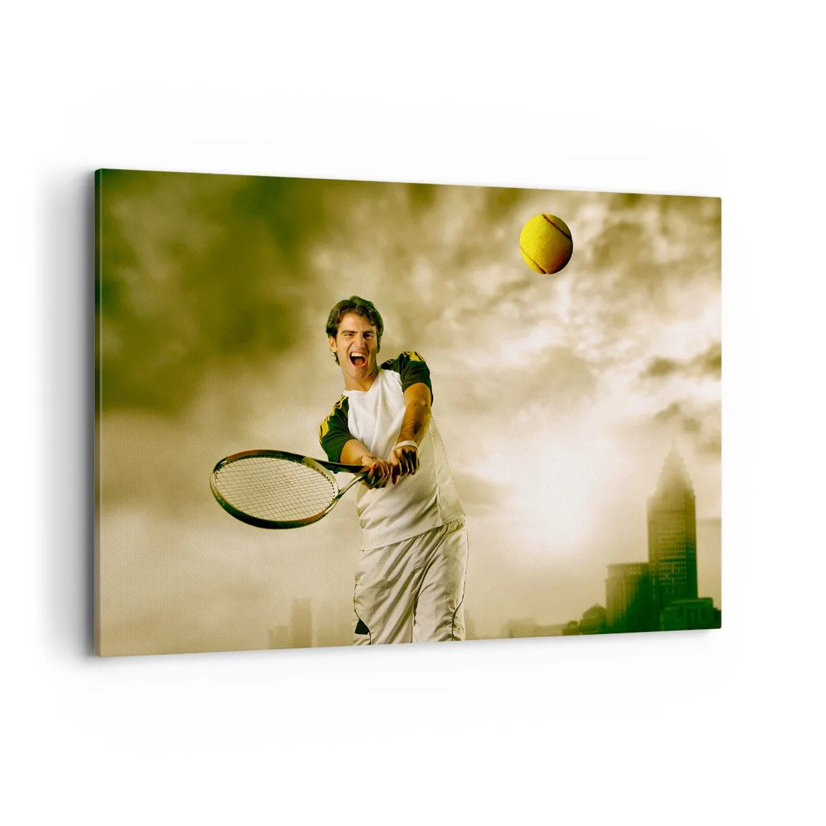 Quadro su tela - Stampe su Tela - Giocatore di tennis in azione durante una partita sullo sfondo di un paesaggio urbano - 120x80cm - Energia e gioia - Decorazione murale moderna per soggiorno e camera da letto ARTTOR