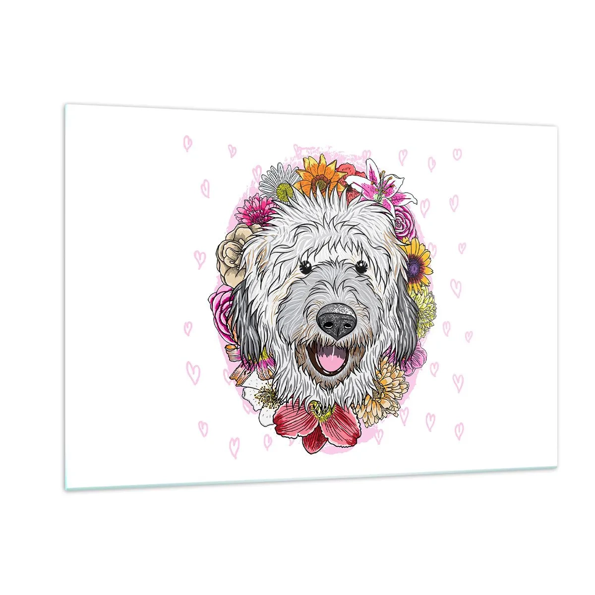 Quadro su vetro - Illustrazione di un cane circondato da fiori - 120x80cm - Gioia di cucciolo - Decorazione murale moderna per soggiorno e camera da letto ARTTOR