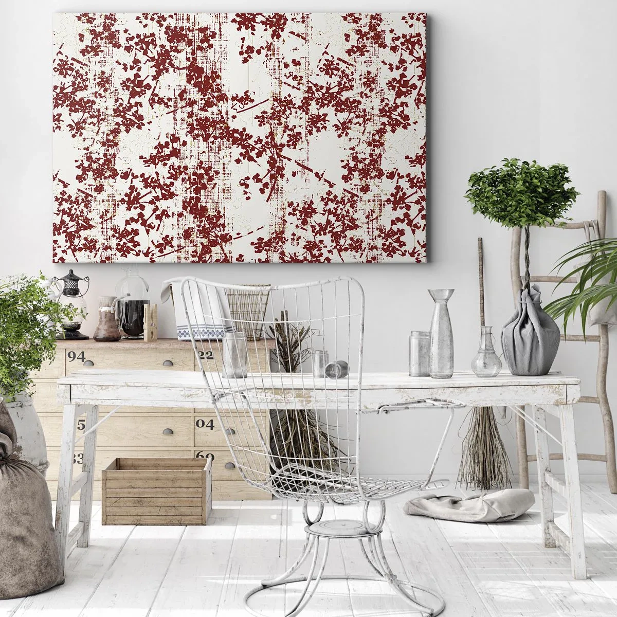 Quadro su tela - Stampe su Tela - Fiori rossi su sfondo bianco in stile artistico - 70x50cm - Come l'antico percalle - Decorazione murale moderna per soggiorno e camera da letto ARTTOR