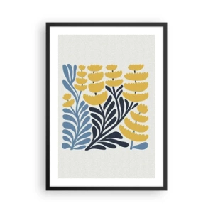 Poster in cornice nera - Fiori stilizzati gialli e blu navy in stile minimalista - 50x70cm - Aiuola soleggiata - Decorazione murale moderna per soggiorno e camera da letto ARTTOR
