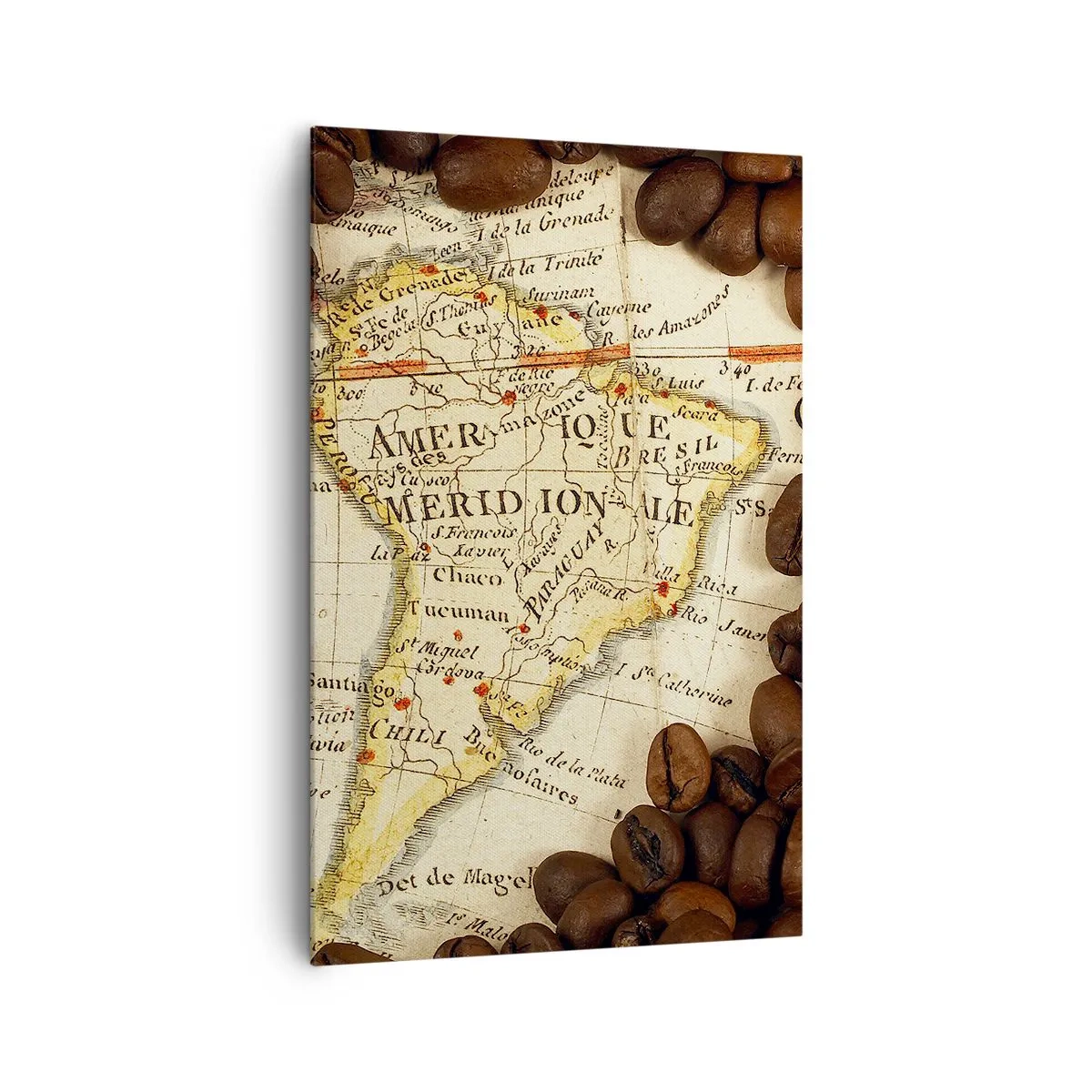 Quadro su tela - Stampe su Tela - Una mappa del Sud America circondata da chicchi di caffè. - 80x120cm - Da dove viene il miglior caffè? - Decorazione murale moderna per soggiorno e camera da letto ARTTOR