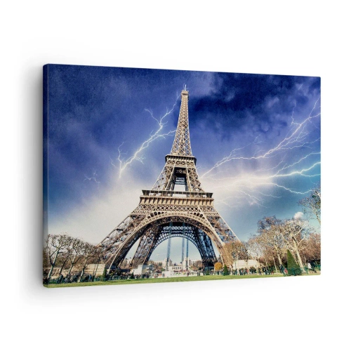 Quadro su tela - Stampe su Tela - La Torre Eiffel con un cielo tempestoso e fulmini sullo sfondo - 70x50cm - La signora delle tempeste - Decorazione murale moderna per soggiorno e camera da letto ARTTOR
