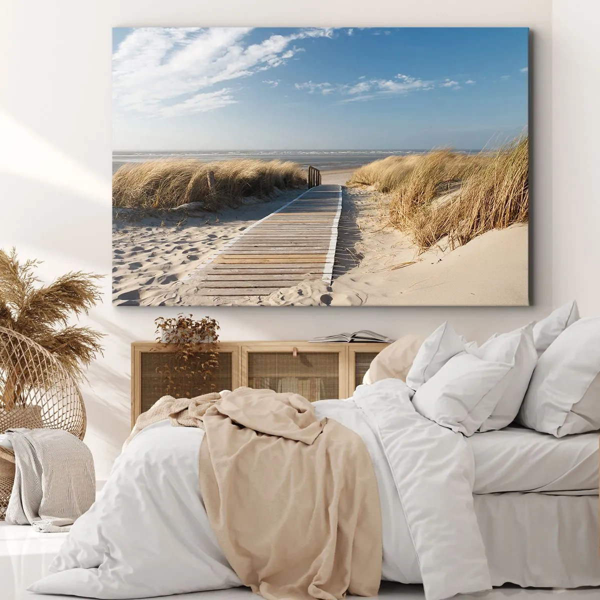 Quadro su tela - Stampe su Tela - Un sentiero di legno conduce attraverso le dune fino al mare calmo - 120x80cm - Dopo la duna, nel fruscio dell'erba - Decorazione murale moderna per soggiorno e camera da letto ARTTOR