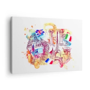 Quadro su tela - Stampe su Tela - Acquerello di simboli europei con bandiere nazionali - 70x50cm - Tournée europea - Decorazione murale moderna per soggiorno e camera da letto ARTTOR