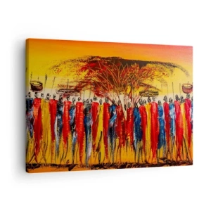 Quadro su tela - Stampe su Tela - Una scena colorata con figure africane sullo sfondo del sole al tramonto. - 70x50cm - Al suono dei tam tam - Decorazione murale moderna per soggiorno e camera da letto ARTTOR