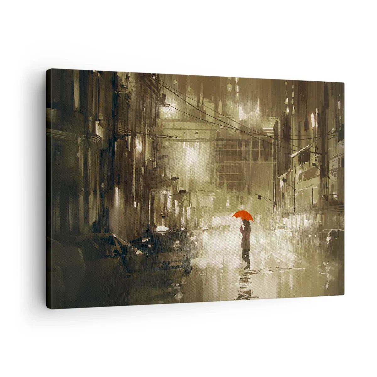 Quadro su tela - Stampe su Tela - Una figura con un ombrello rosso in una città piovosa - 70x50cm - Sola ma non solitaria - Decorazione murale moderna per soggiorno e camera da letto ARTTOR