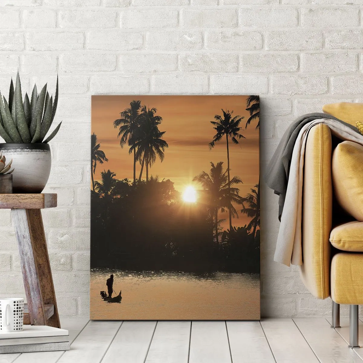 Quadro su tela - Stampe su Tela - Tramonto sulle palme e un lago calmo con una barca - 50x70cm - Il tempo del riposo - Decorazione murale moderna per soggiorno e camera da letto ARTTOR