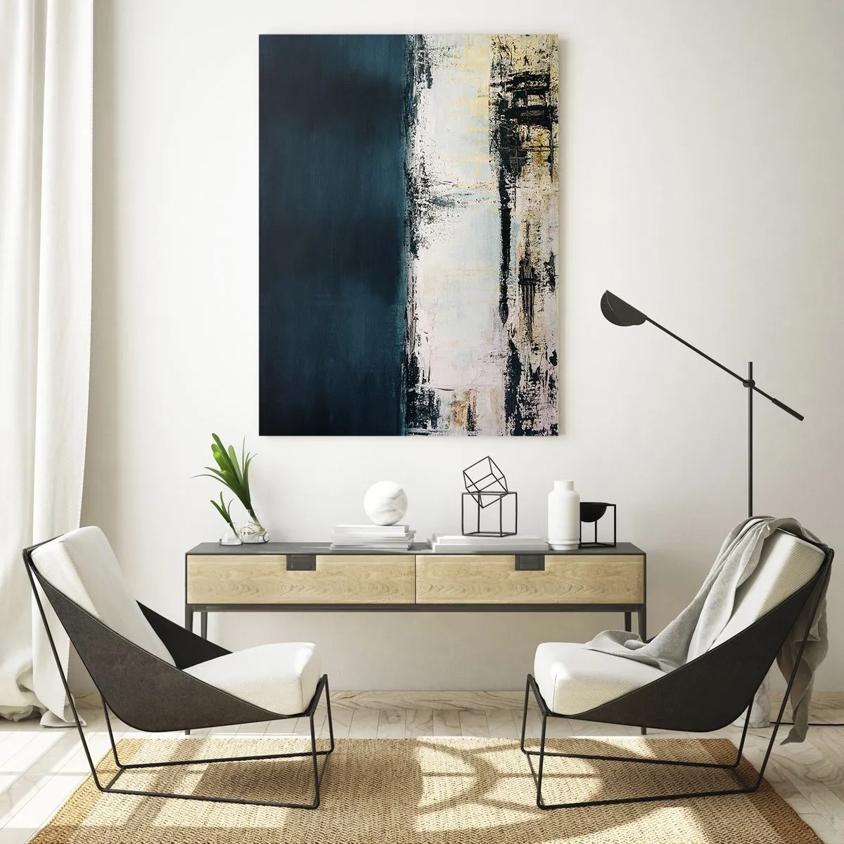 Quadro su vetro - Paesaggio astratto nei toni del blu navy e del bianco - 50x70cm - Composizione orizzontale - Decorazione murale moderna per soggiorno e camera da letto ARTTOR