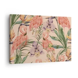 Quadro su tela - Stampe su Tela - Fenicotteri e fiori tropicali su uno sfondo chiaro - 70x50cm - Un ballo rosa nei fiori - Decorazione murale moderna per soggiorno e camera da letto ARTTOR