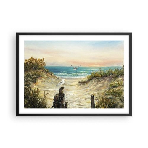 Poster in cornice nera - Costa con gabbiani e dune al tramonto - 70x50cm - Silenzio senza vento - Decorazione murale moderna per soggiorno e camera da letto ARTTOR