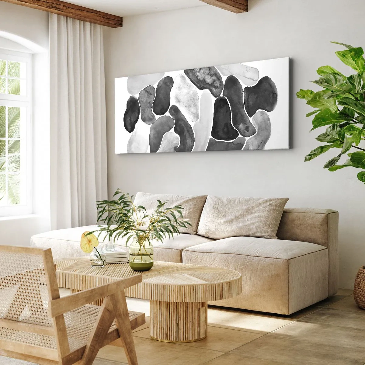 Quadro su tela - Stampe su Tela - Astrazione in bianco e nero con macchie irregolari su sfondo bianco - 160x50cm - Astrazione rocciosa - Decorazione murale moderna per soggiorno e camera da letto ARTTOR