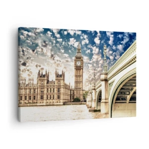 Quadro su tela - Stampe su Tela - Il Big Ben e il ponte di Westminster illuminati dal sole a Londra - 70x50cm - Cirri sul Tamigi - Decorazione murale moderna per soggiorno e camera da letto ARTTOR