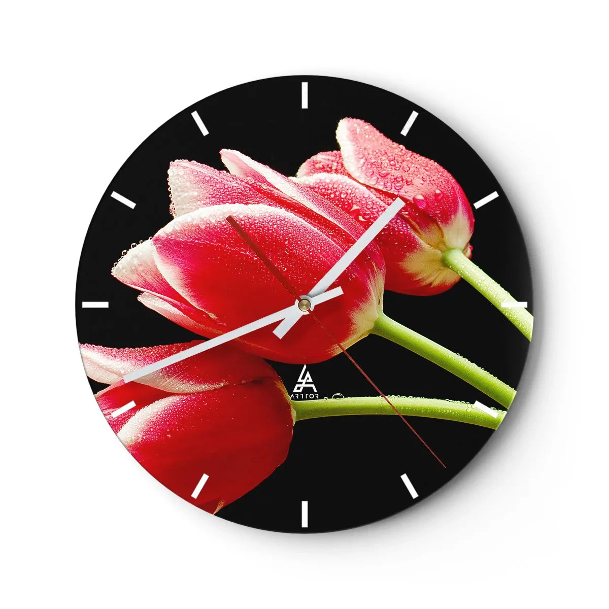 Orologio da parete - Orologio in Vetro - Tulipani rossi con gocce d'acqua su sfondo nero - 30x30cm - Promessa di amore puro - Decorazione murale moderna per soggiorno, cucina e camera da letto ARTTOR