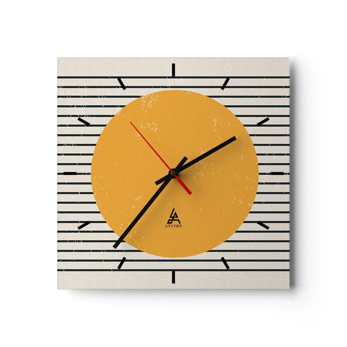 Orologio da parete - Orologio in Vetro - Un cerchio giallo su uno sfondo di linee orizzontali bianche e nere - 30x30cm - La forza della semplicità - Decorazione murale moderna per soggiorno e camera da letto ARTTOR