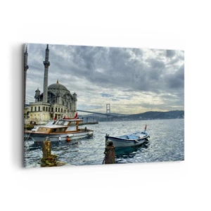 Quadro su tela - Stampe su Tela - Un edificio storico sull'acqua con barche e un ponte sullo sfondo - 100x70cm - Ai confini dei mondi - Decorazione murale moderna per soggiorno e camera da letto ARTTOR
